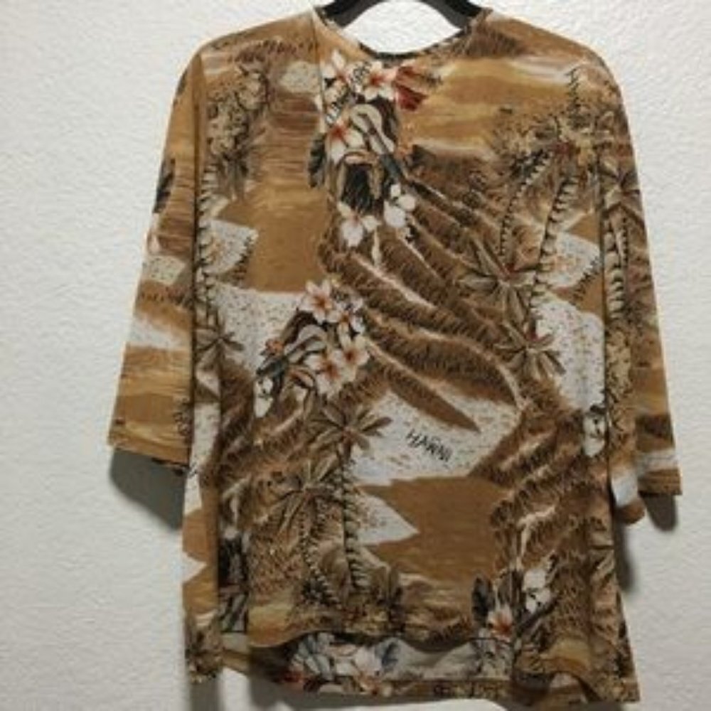 VTG Entity Daniel Benjamin Hawaiian Brown Blouse Palm Tree Bedazzled Lightweight - Picture 6 of 7